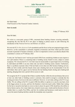 Julian writes to FCA urging better protection for village banking services